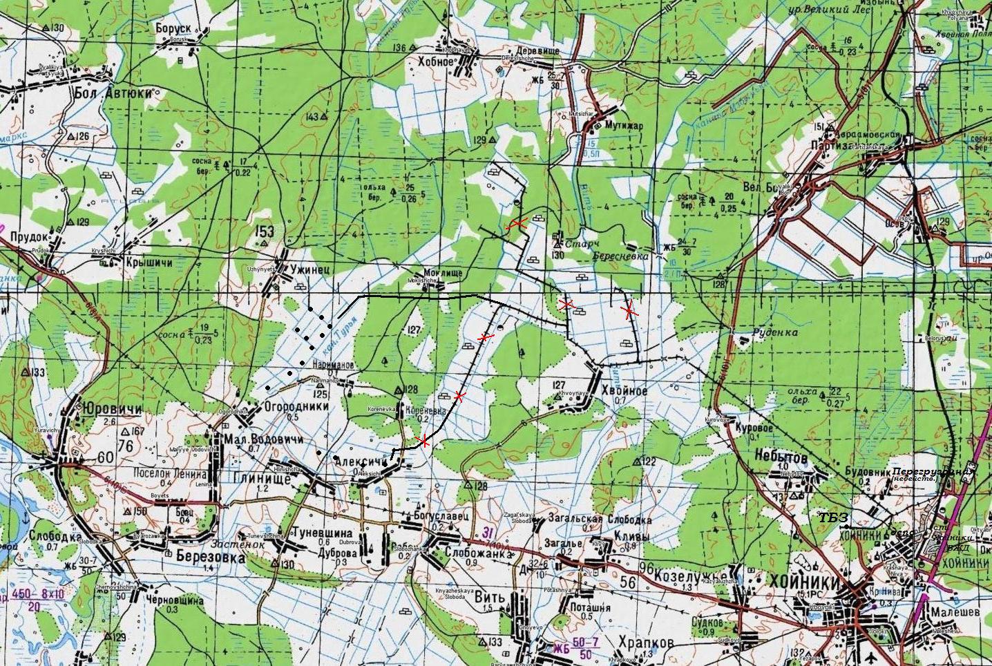 Узкоколейная железная дорога Хойникского торфопредприятия
   —   схемы и топографические карты