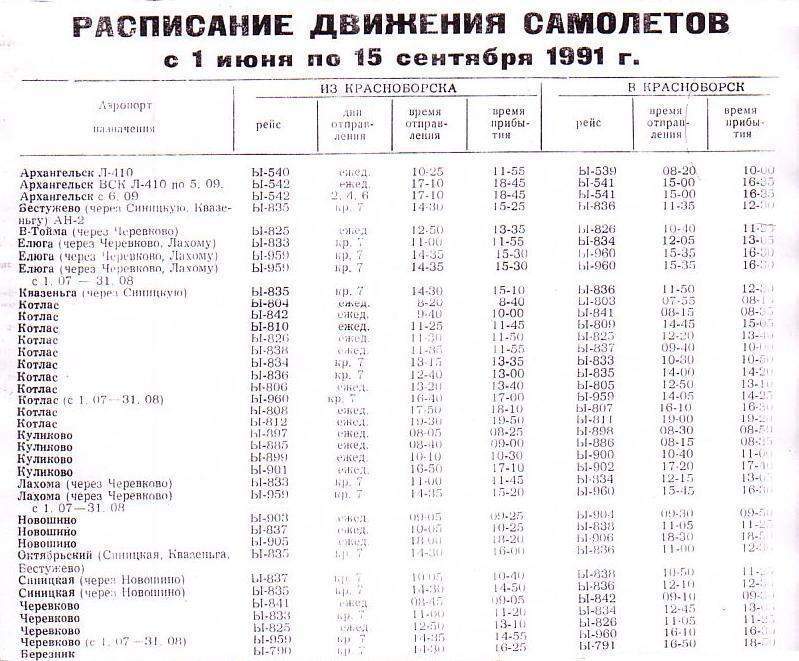 Расписания движения самолётов из аэропорта Красноборск (1991 год, 1992 год) 
