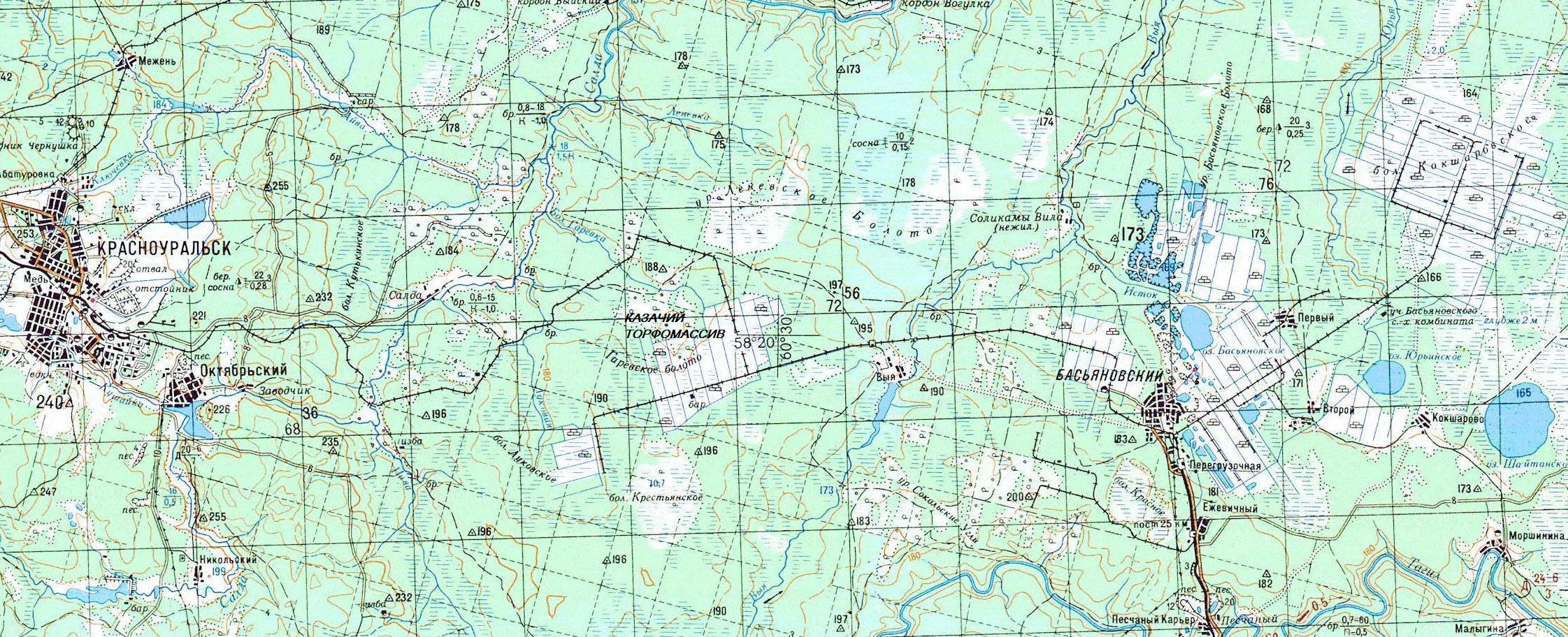 Узкоколейная железная дорога Басьяновского торфопредприятия -  схемы и топографические карты