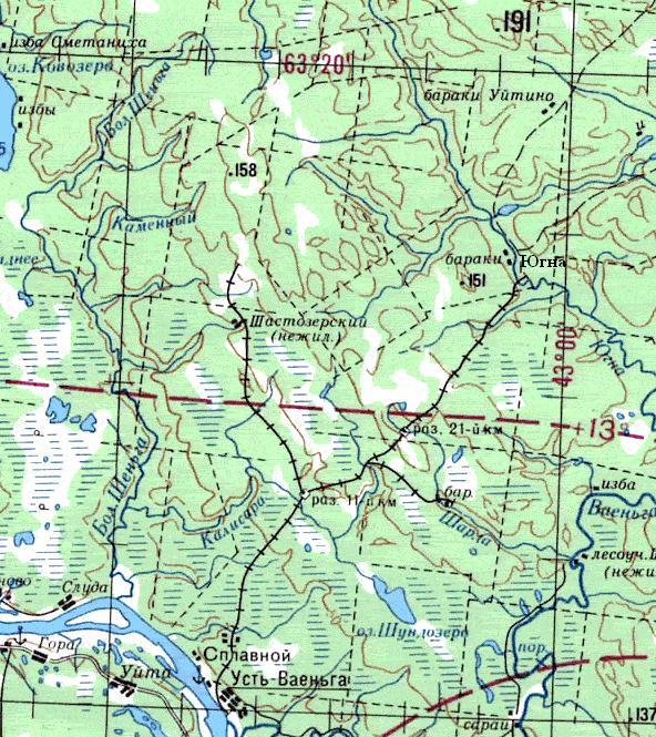 Усть-Ваеньгская узкоколейная железная дорога - схемы и топографические карты
