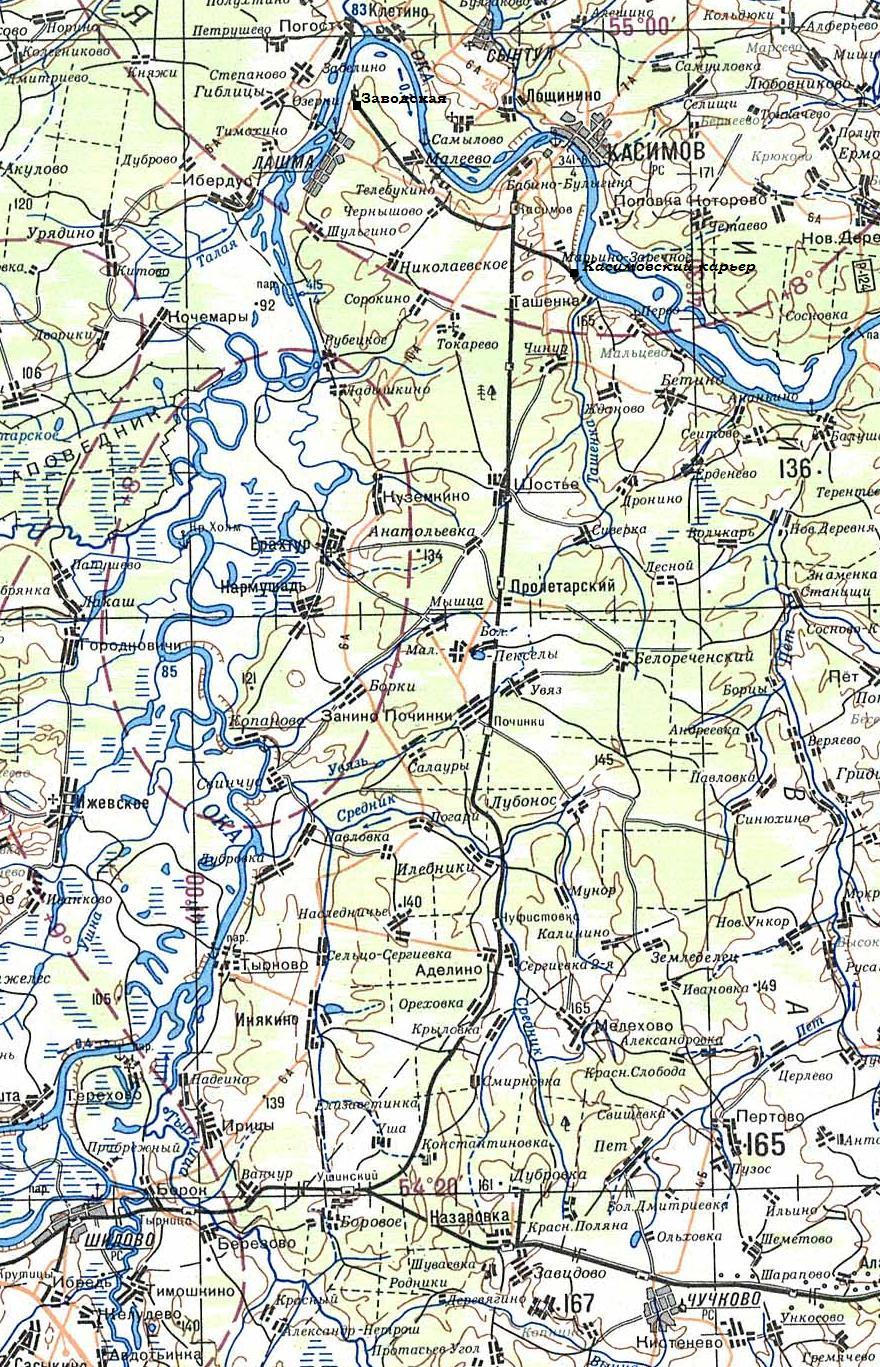 Железнодорожная линия Ушинский   —  Касимов  — схемы и  топографические карты