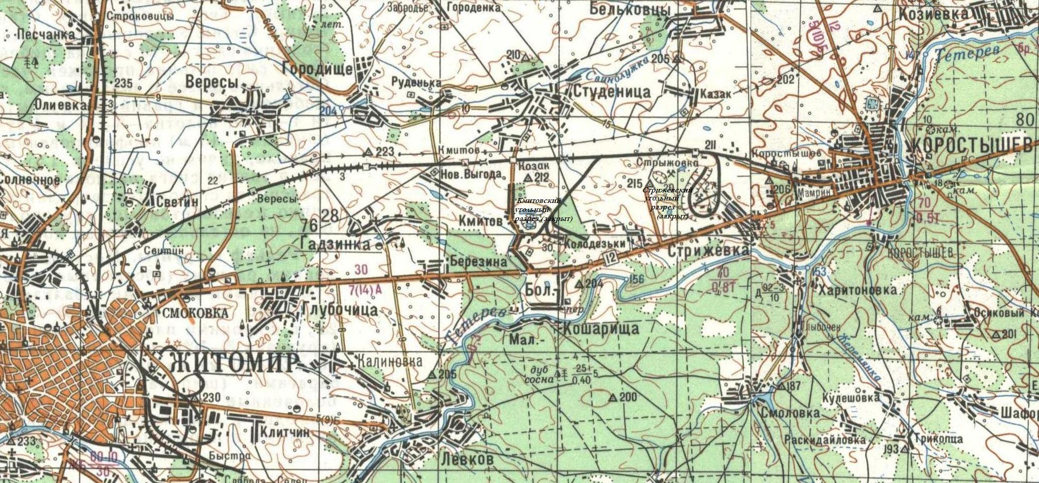 Железнодорожная линия Житомир — Коростышев  — схемы и   топографические карты