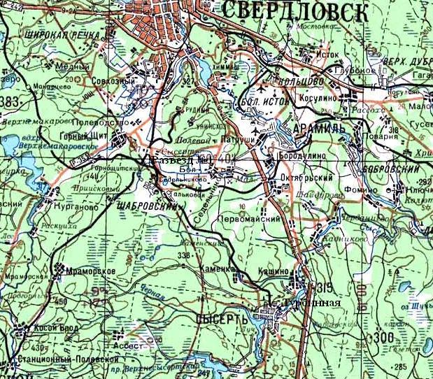 Железнодорожная линия Сысертского ППЖТ (Разъезд №1 — Турбинная)   — схемы и топографические карты