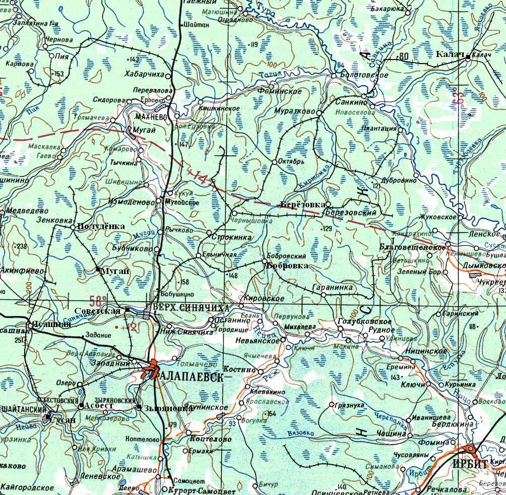 Алапаевская узкоколейная железная дорога —  топографические карты масштаба 1:1 000 000 и 1:500 000