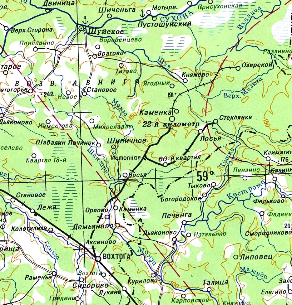 Карта грязовца вологодской. Вохтога на карте. Монзенская железная дорога на карте. Железная дорога на топографической карте. Вохтога Вологодская область.