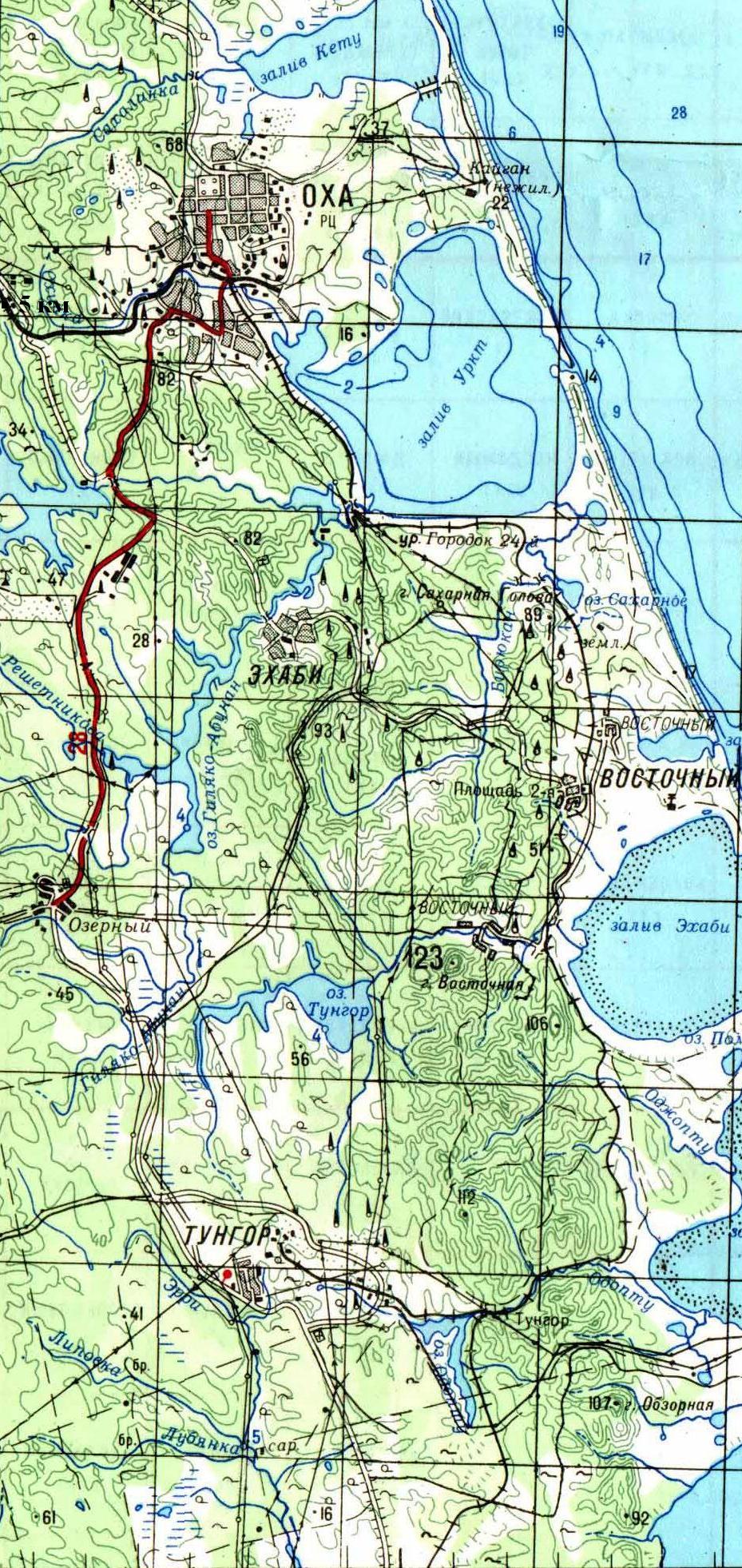 Узкоколейная железная дорога Оха  —  Ноглики  —  топографические карты масштаба 1:200 000