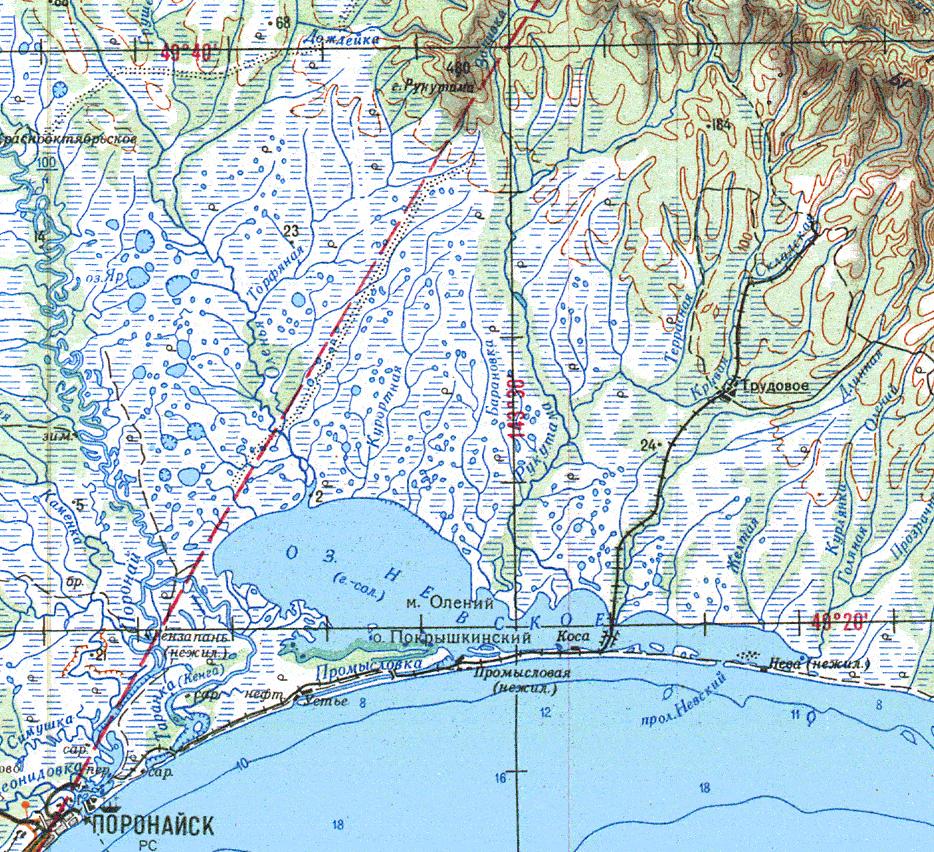 Узкоколейная железная дорога Поронайск  —  Трудовое  — схемы и  топографические карты