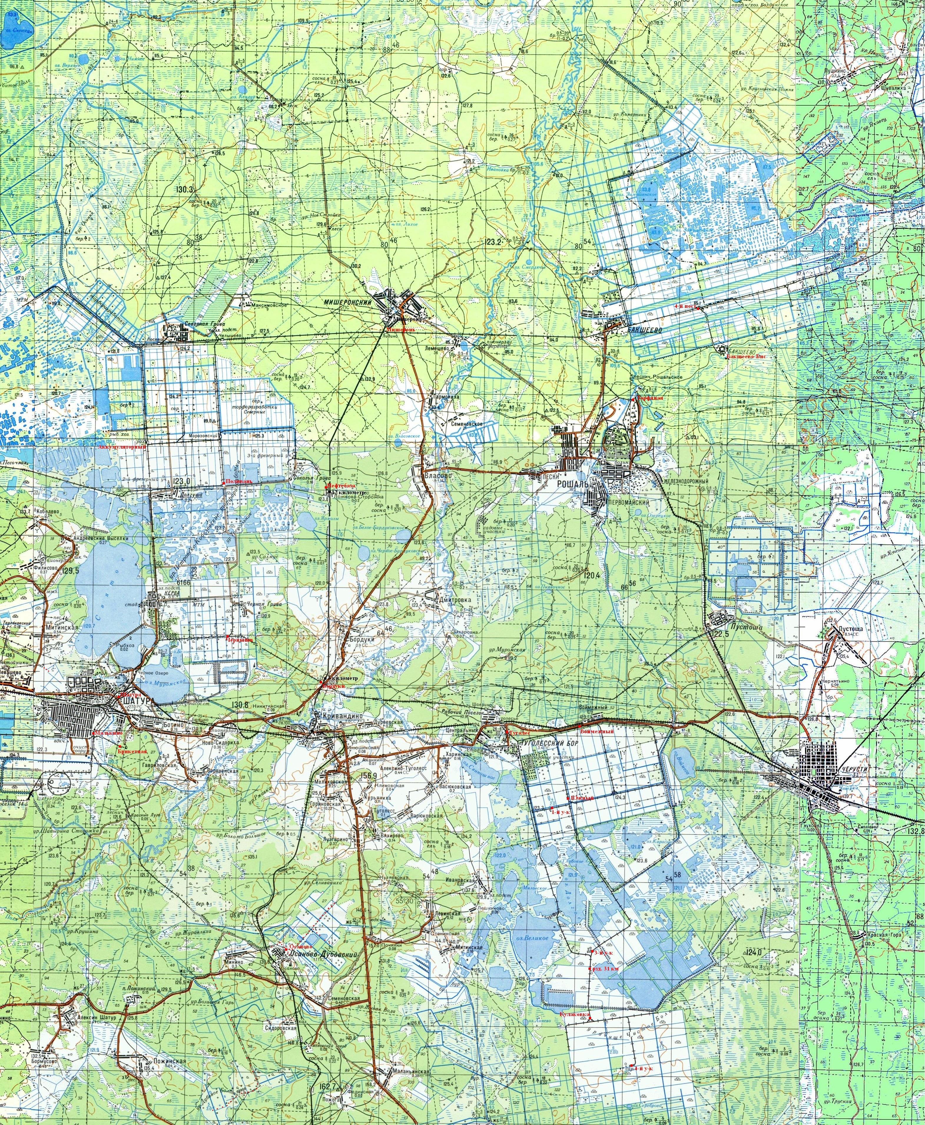 Узкоколейная железная дорога Шатурского транспортного управления — топографические карты масштаба 1:100 000