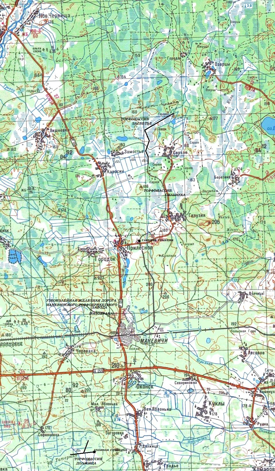 Узкоколейная железная дорога торфобрикетного завода Сойне
   —   схемы и топографические карты