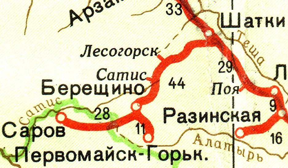 Железнодорожные линии Шатки — Берещино — Первомайск, Берещино — Саров — схемы и топографические карты