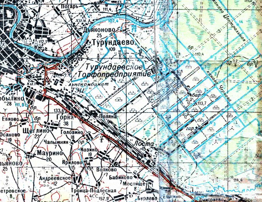 Узкоколейная железная дорога Турундаевского торфопредприятия   —  схемы и топографические карты